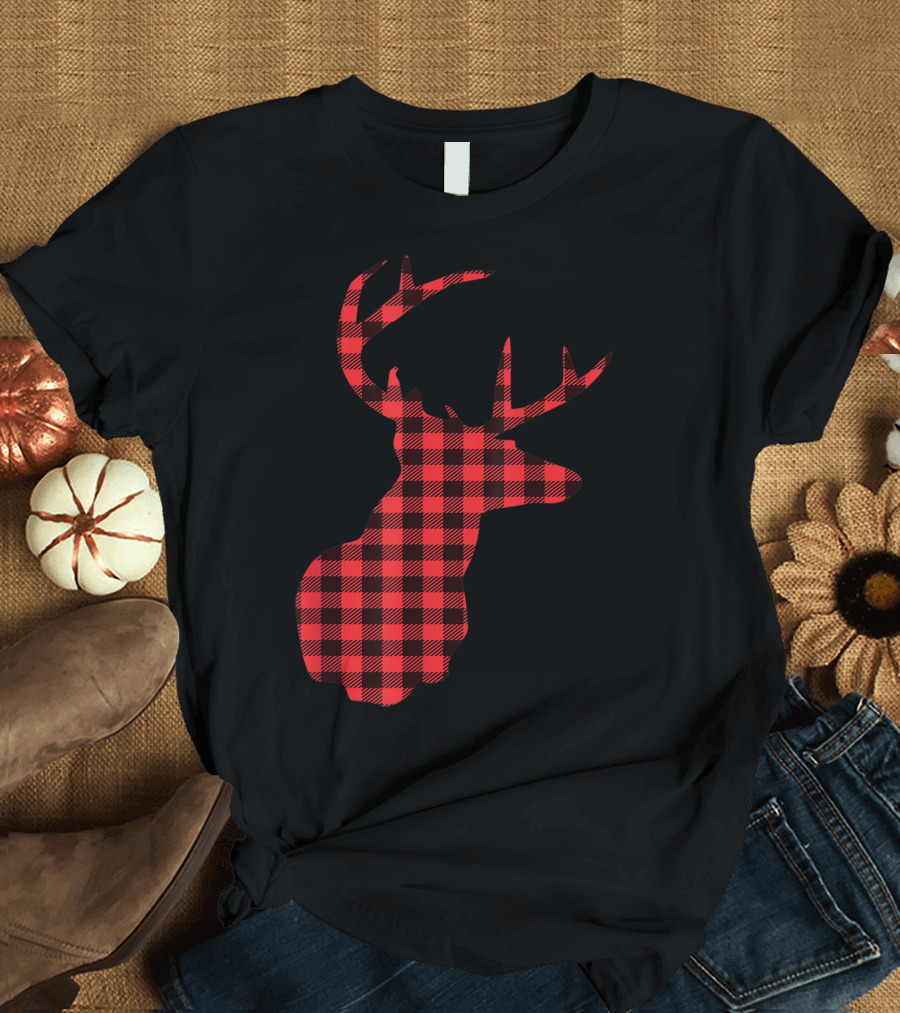 Red Plaid Buffalo Check Reindeer Deer T-Shirt