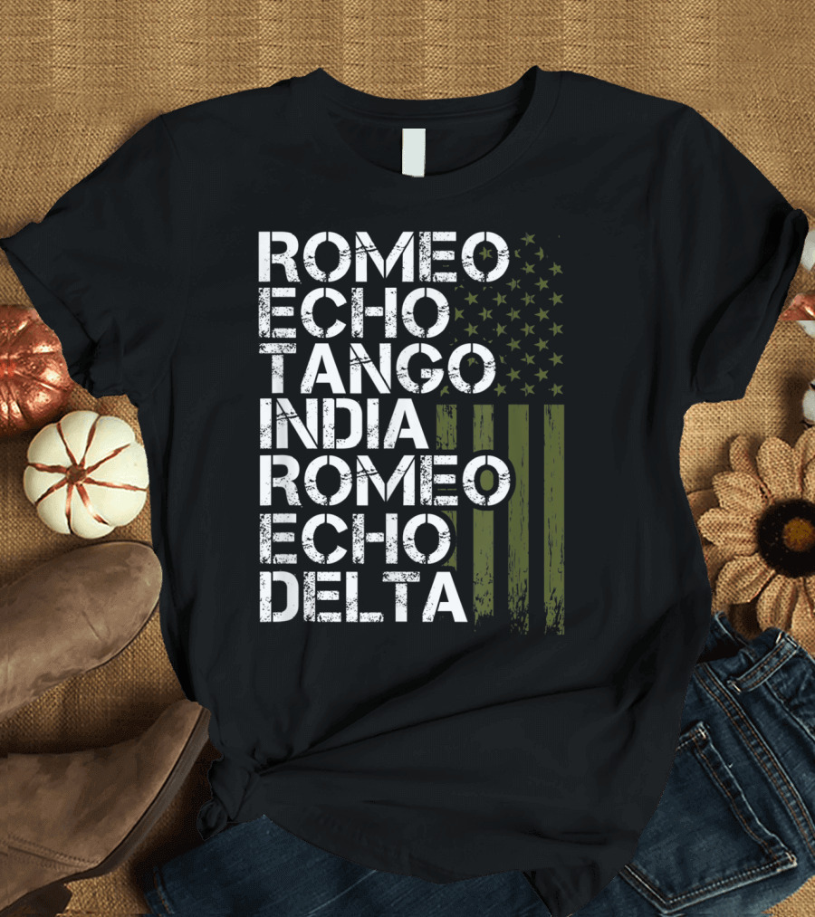Romeo Echo Tango India Romeo Echo Delta Military Phonetic Alphabet With American Flag T-Shirt