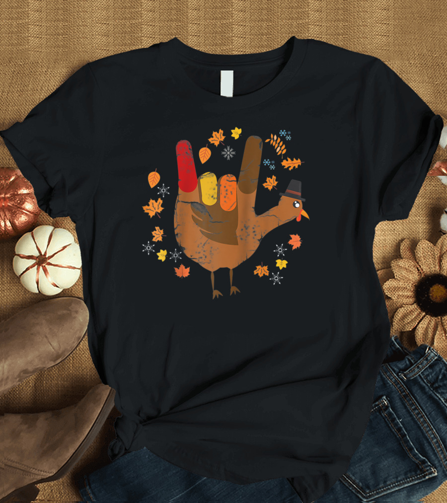 American Sign Languages Is Loves Yous Turkey Hand Gesture Autumn Leaves T-Shirt