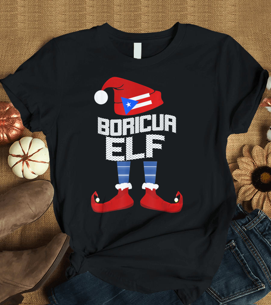 Boricua Elf Puerto Rican Flag Christmas Hat Red Shoes Striped Socks T-Shirt