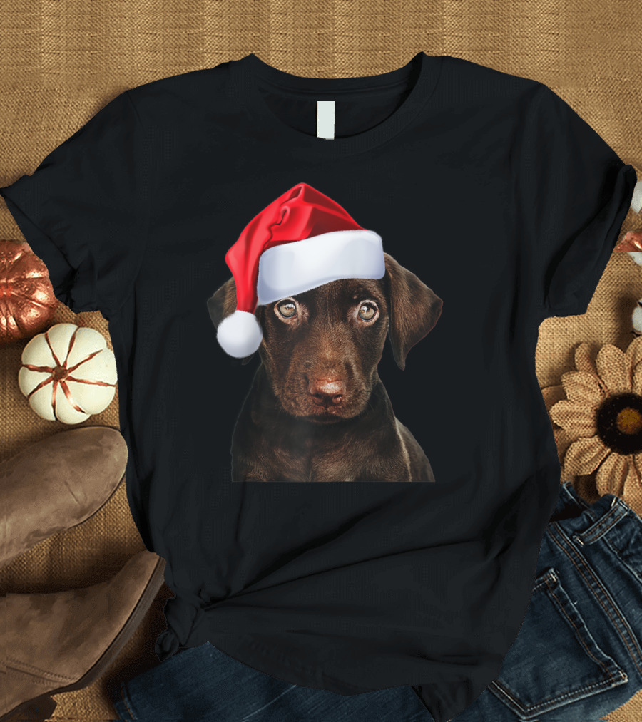 Cute Chocolate Lab Wearing Santa Hat Funny Dog Image T-Shirt