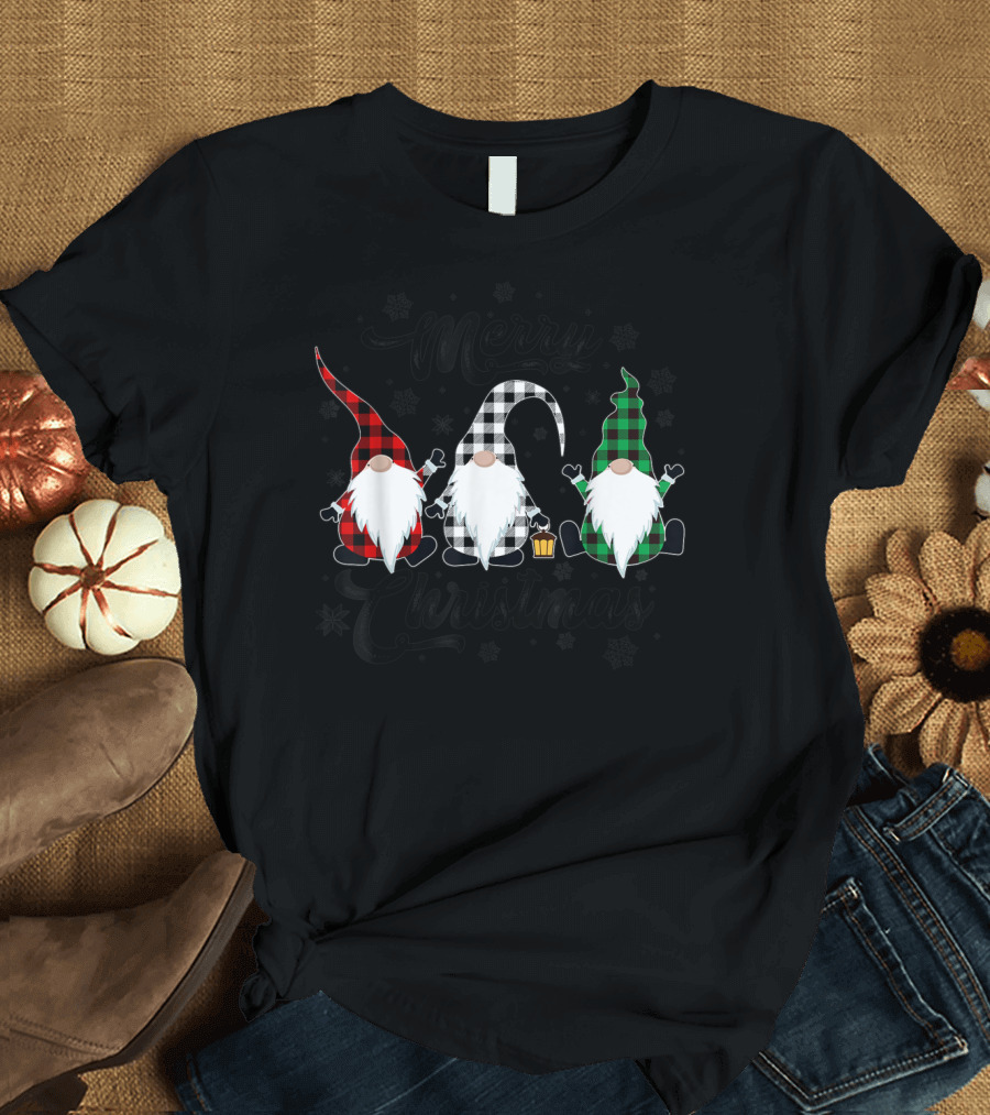 Merry Christmas Cute Three Nordic Gnomes Plaid T-Shirt