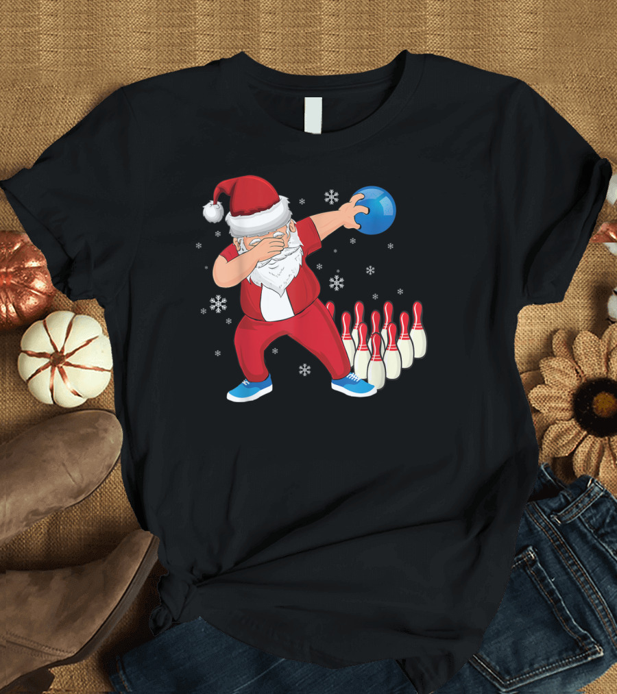 Dabbing Santa Claus Strikes Bowling Pins Christmas Holiday T-Shirt