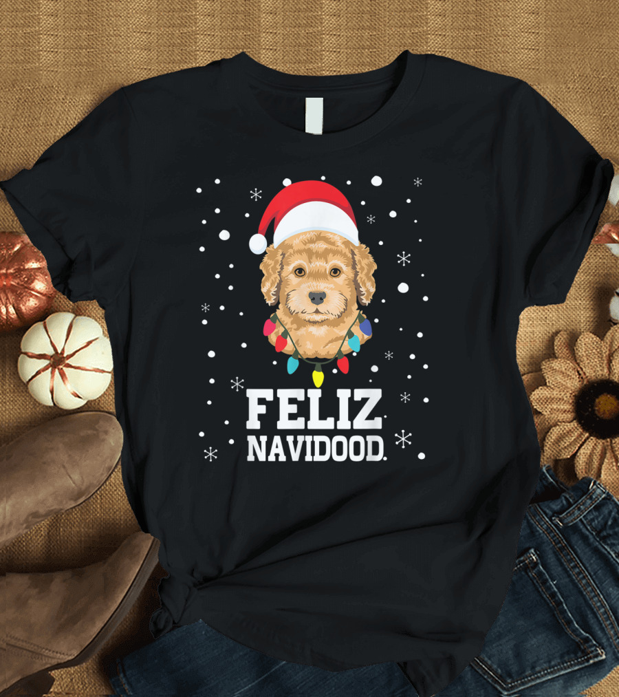 Feliz Navidood Goldendoodle Labradoodle Christmas Lights Santa Hat T-Shirt