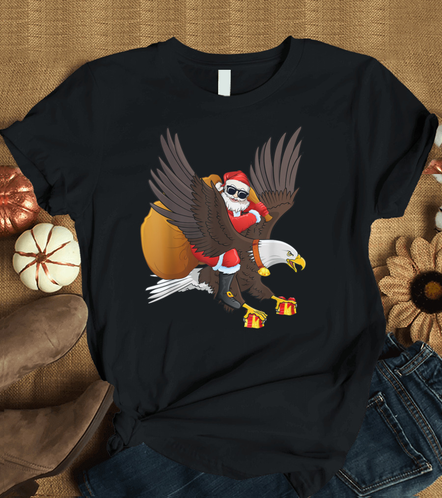 Santa Claus Riding Eagle with Sunglasses Carrying Christmas Presents T-Shirt