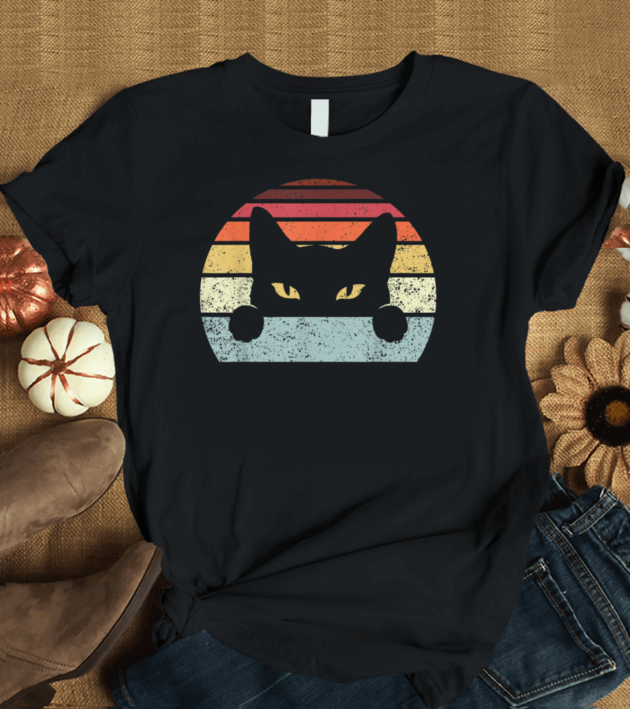 Vintage Black Cat Retro Sunset Style Cats In T-Shirt
