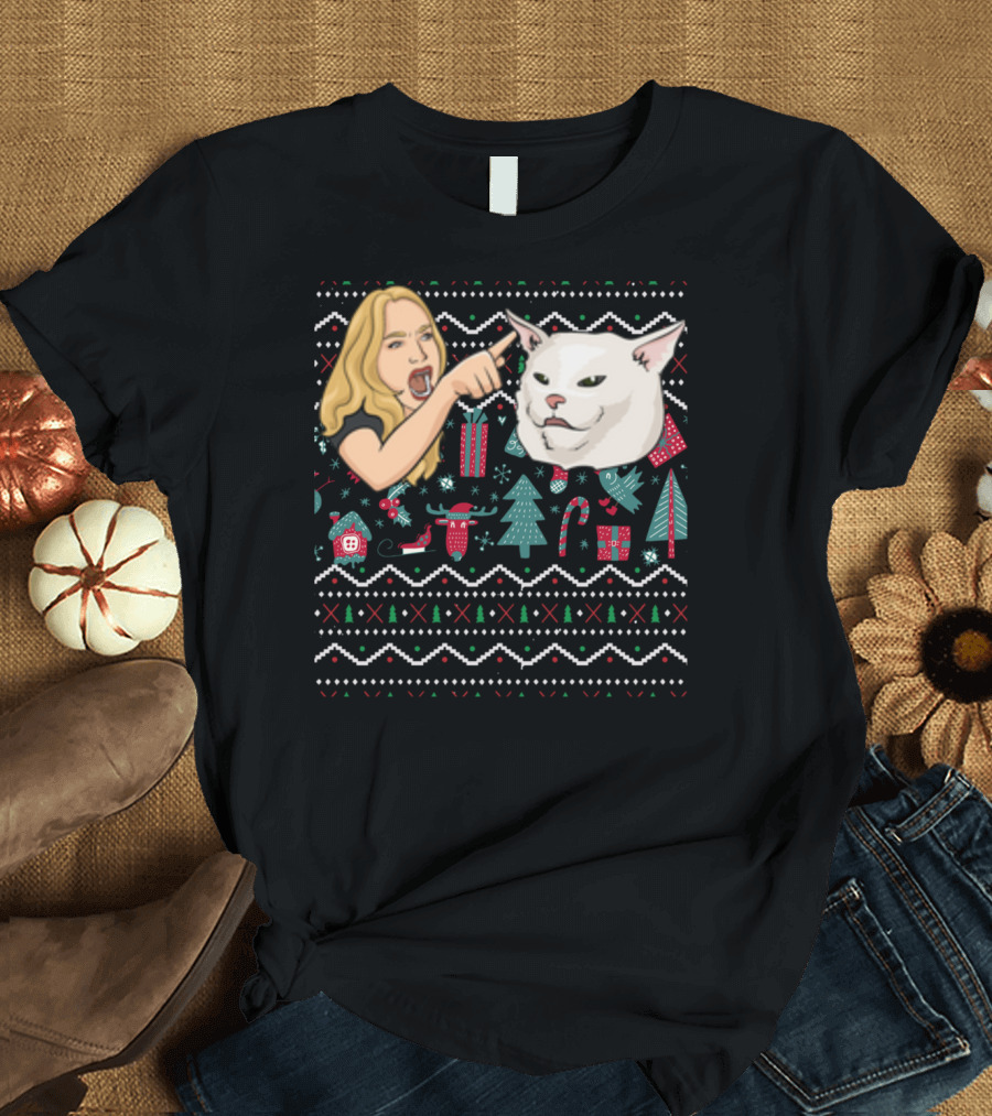 Woman Yelling At Cat Christmas T-Shirt