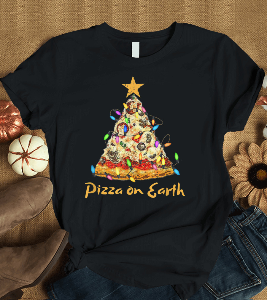 Pizza on Earth Slice Christmas Tree with Lights T-Shirt