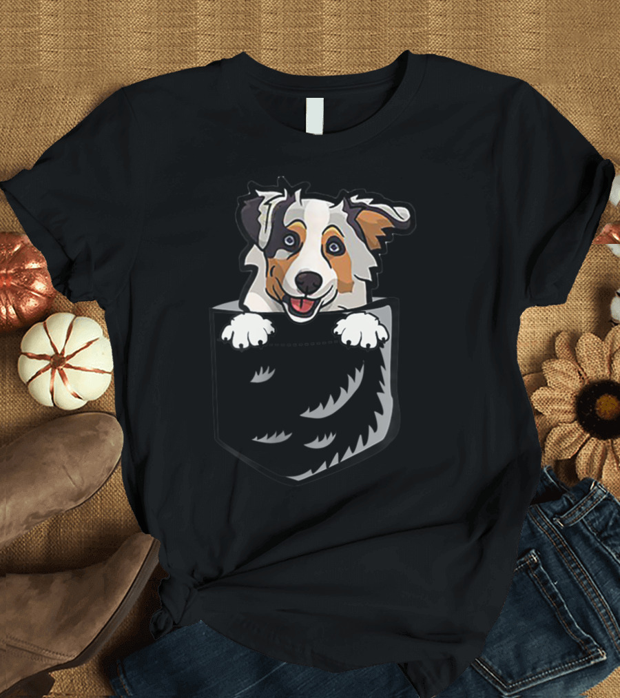 Adorable Little Australian Shepherd In Pocket T-Shirt