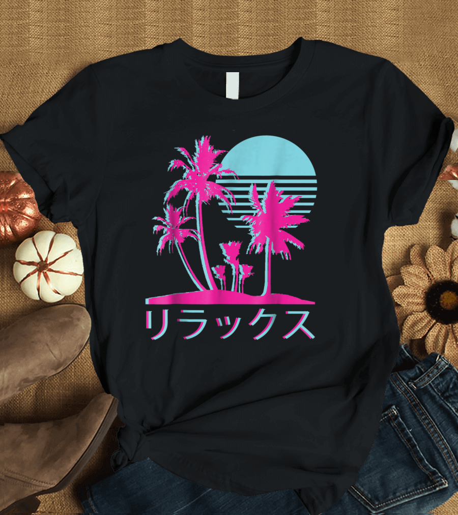 Relax Vaporwave 1980s 1990s Otaku Retro Aesthetic Palm Trees Moon Kanji T-Shirt