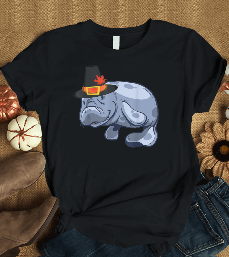 Autumn Thanksgiving Pilgrim Hat Manatee Sea Cow T-Shirt