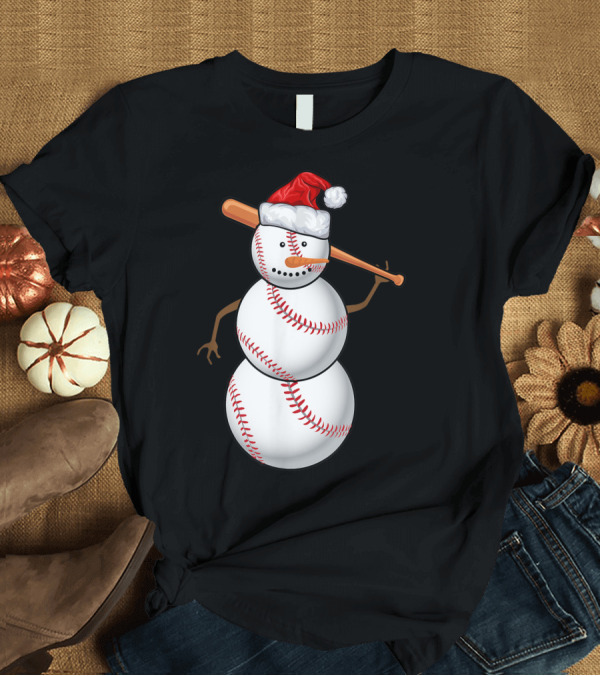 T-Shirt: Festive Baseball Snowman with Santa Hat and Bat T-Shirt Festive Baseball Snowman with Santa Hat and Bat T-Shirt