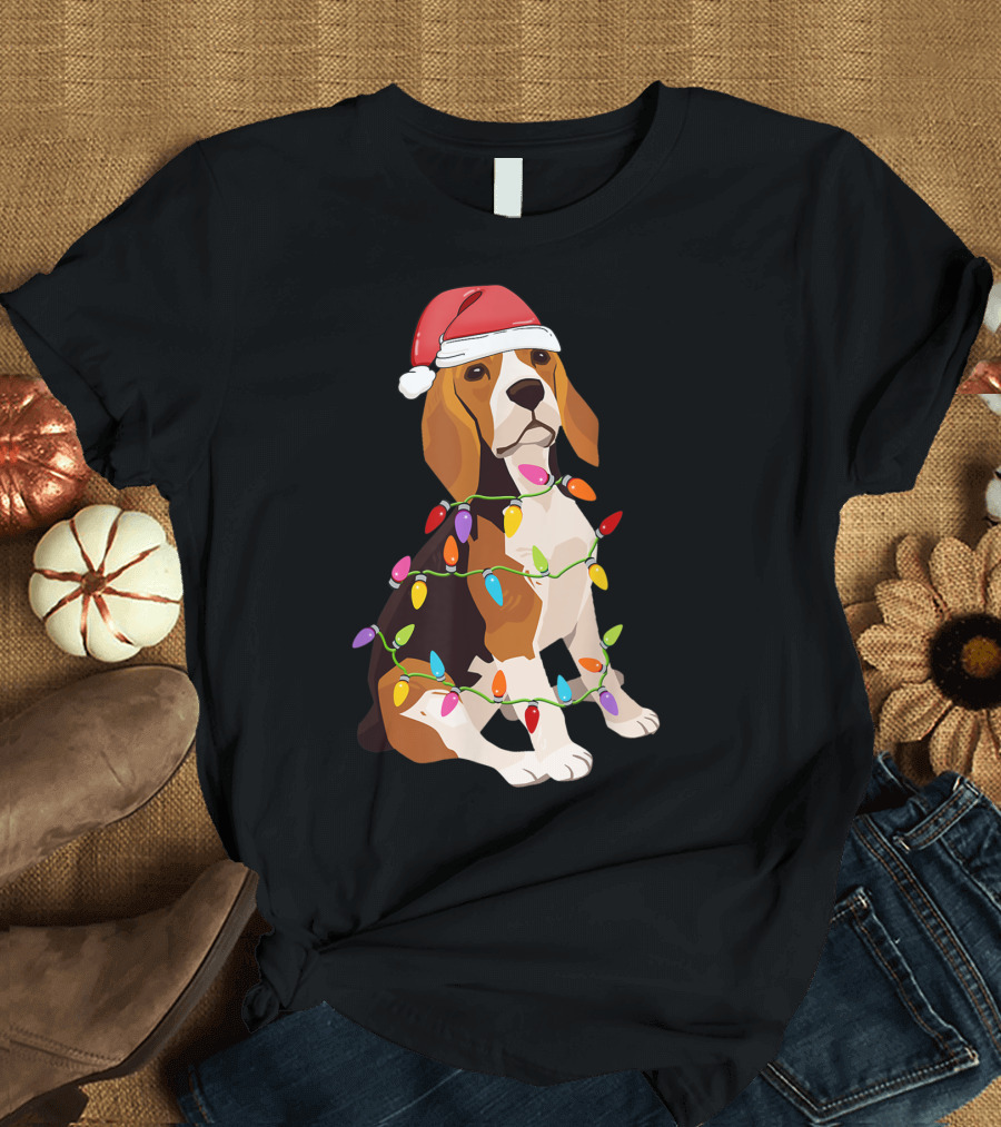 Beagle Dogs Christmas Lights Santa Hat T-Shirt