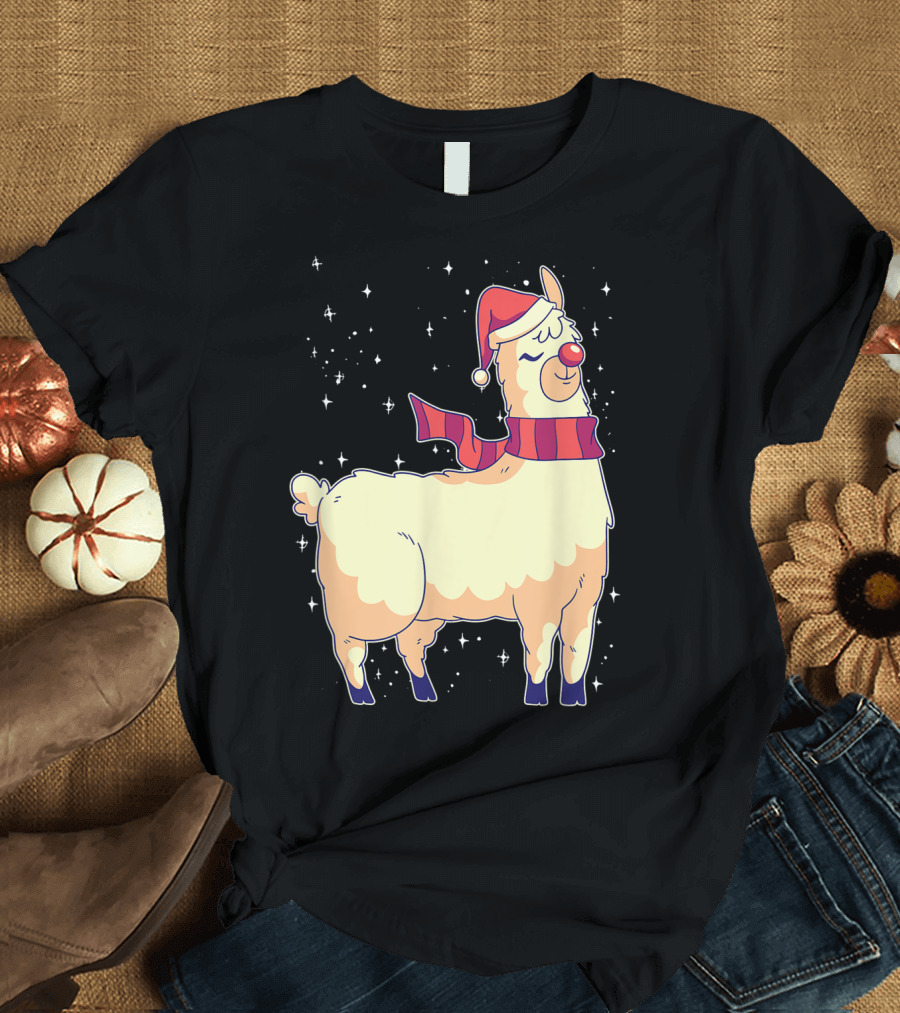 Cool Christmas Alpaca Santa Hat Red Nose T-Shirt