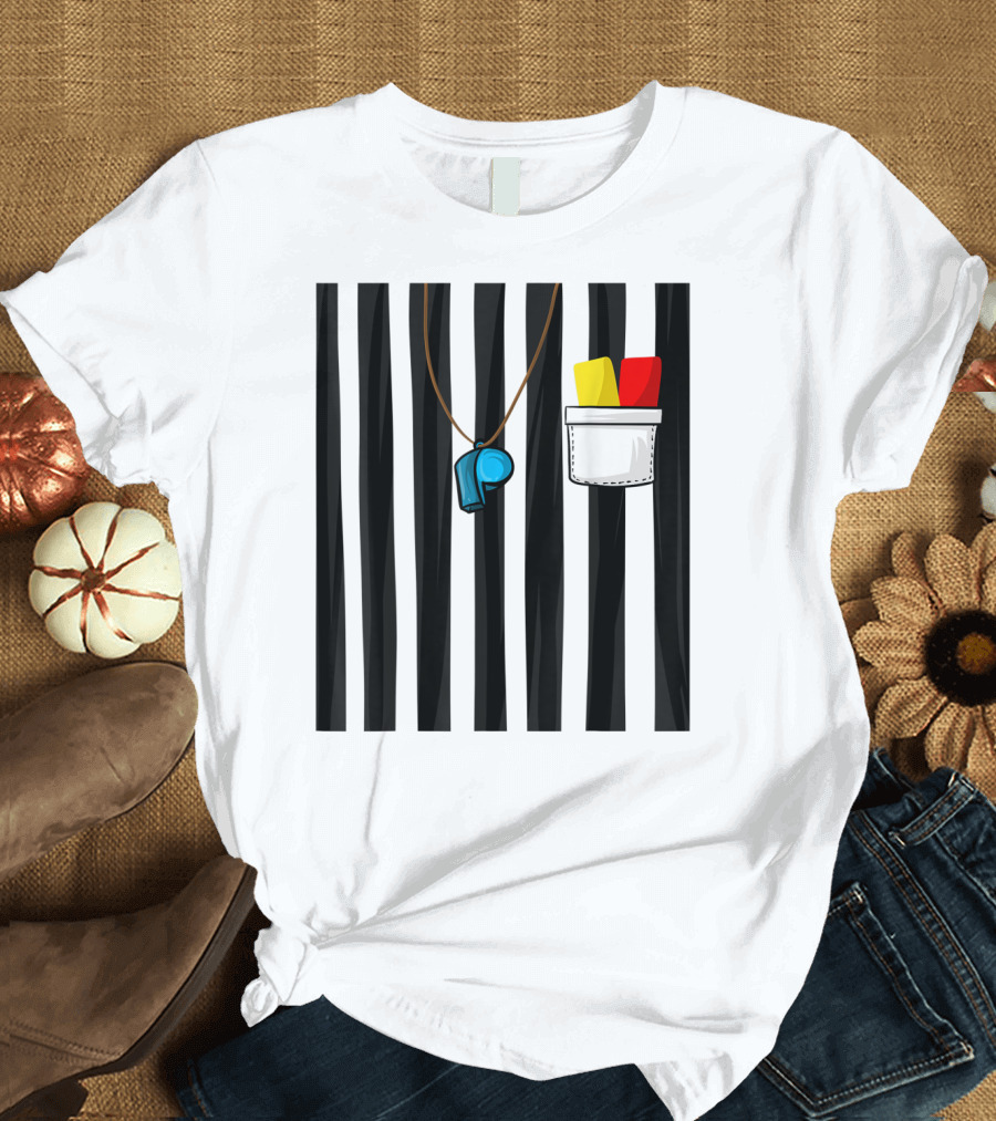 Cool Referee Whistle and Cards Uniform with Stripes T-Shirt