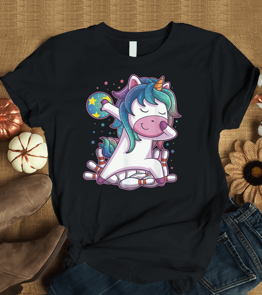 Dabbing Unicorn Bowling Party with Pins and Stars T-Shirt