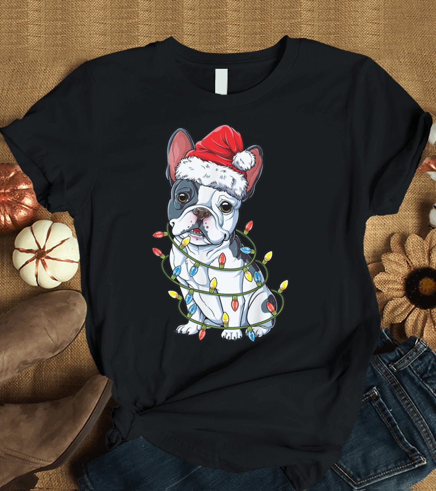 French Bulldog Santa Wrapped in Christmas Tree Lights T-Shirt