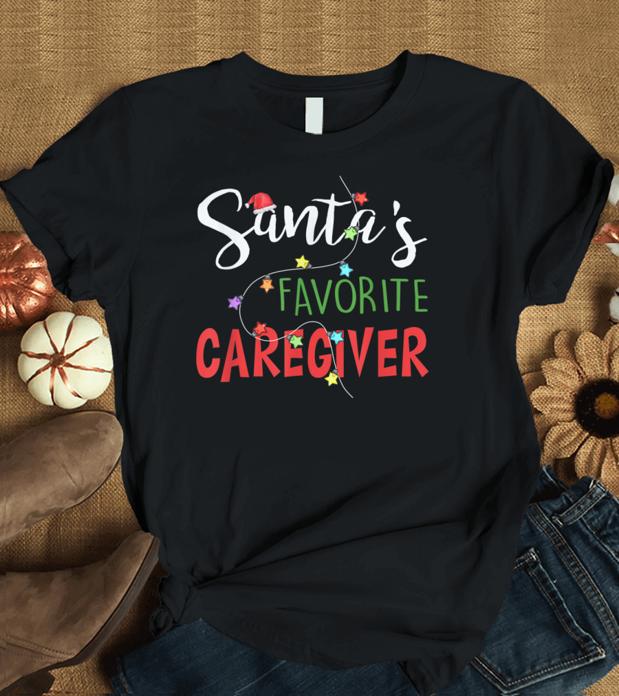 Santa's Favorite Caregiver Christmas Lights and Hat T-Shirt