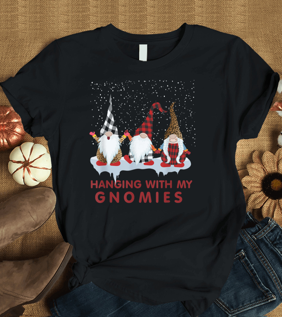 Hanging With My Gnomies Funny Gnomes Checkered and Leopard Hats Winter Scene T-Shirt