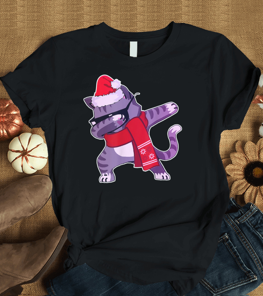 Santa Hat and Scarf Dabbing Cat T-Shirt