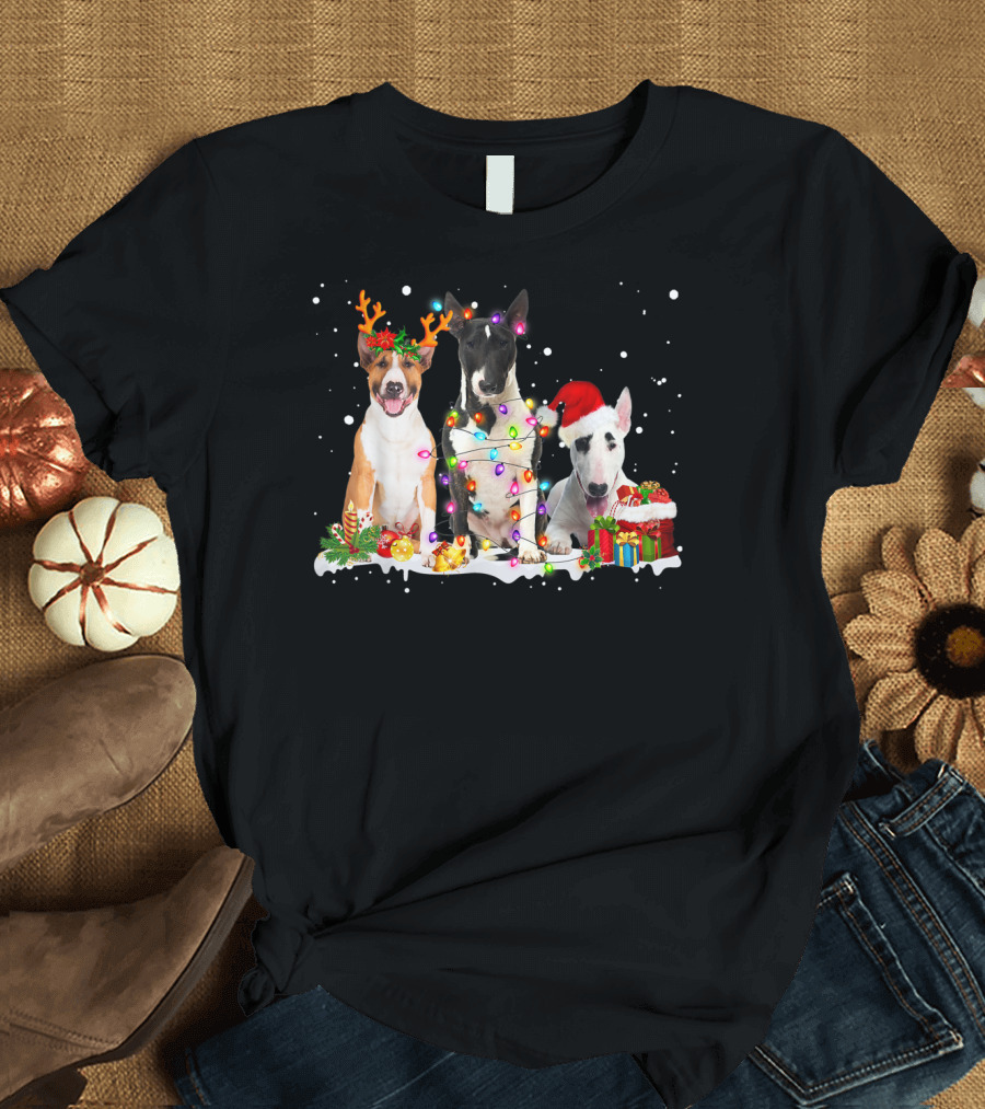Funny Bull Terrier Christmas Reindeer Lights with Santa Hat and Holiday Gifts T-Shirt