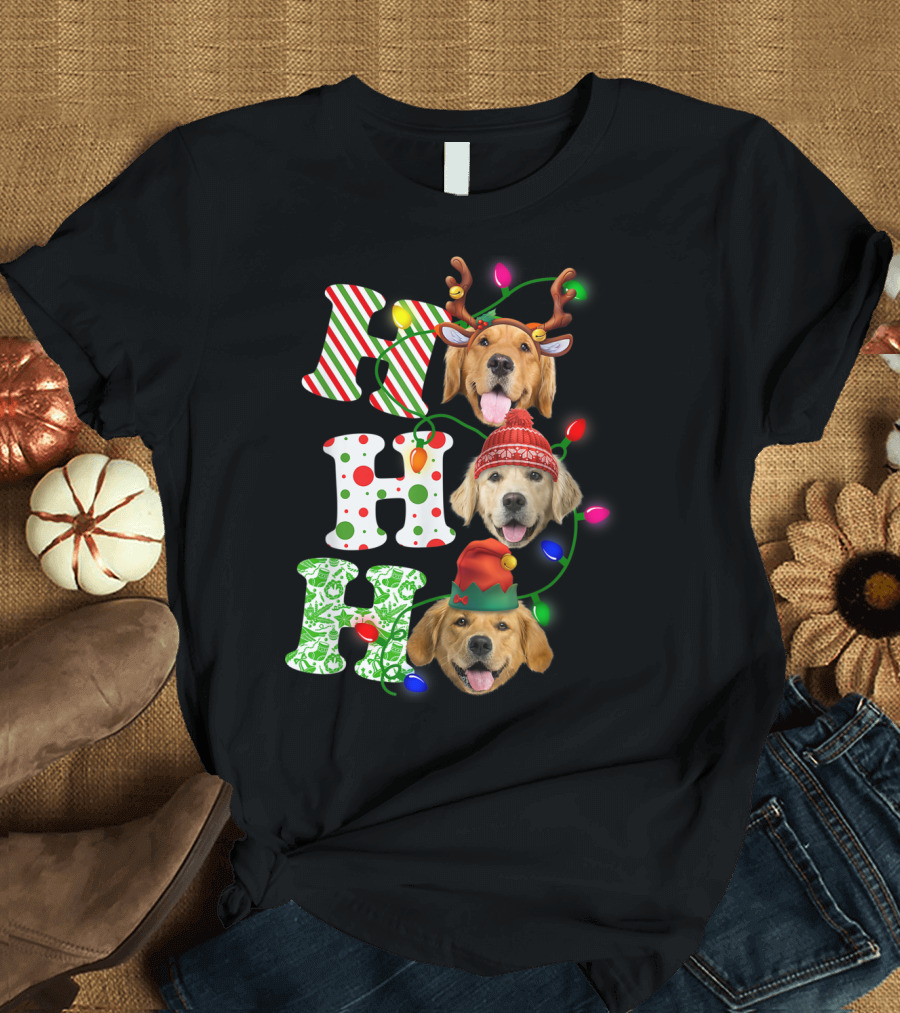Christmas Ho Ho Ho Golden Retriever with Festive Lights and Holiday Hats T-Shirt