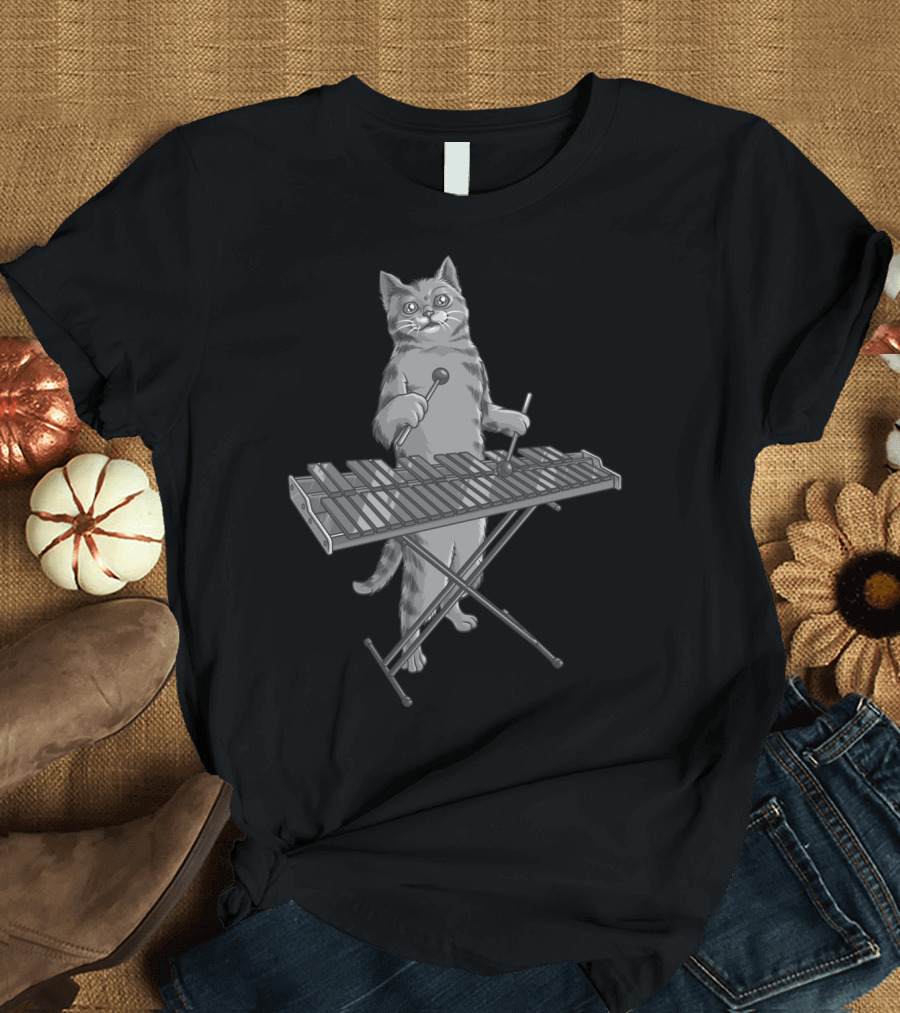 Funny Cat Musician Playing Marimba Cool Animal T-Shirt