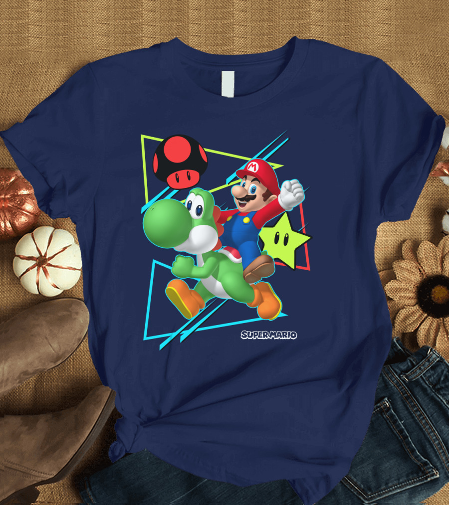 Super Mario Yoshi Adventure with Red Mushroom and Star T-Shirt
