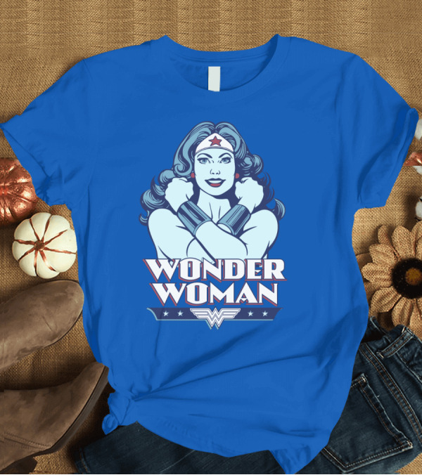 T-Shirt: WONDER WOMAN Retro Blue Crossover Illustration with Star Headband and Arm Bracelets T-Shirt WONDER WOMAN Retro Blue Crossover Illustration with Star Headband and Arm Bracelets T-Shirt