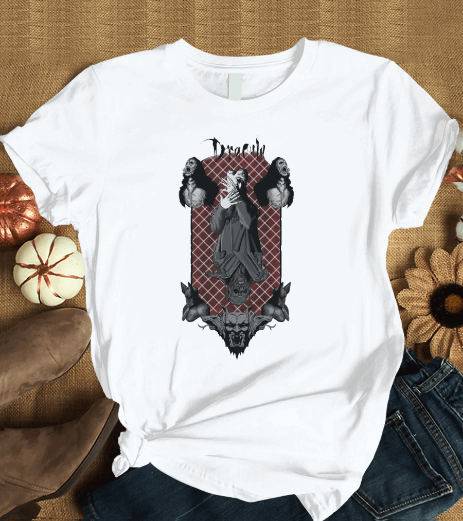 Dracula Gothic Vampires with Gothic Skull and Bats T-Shirt