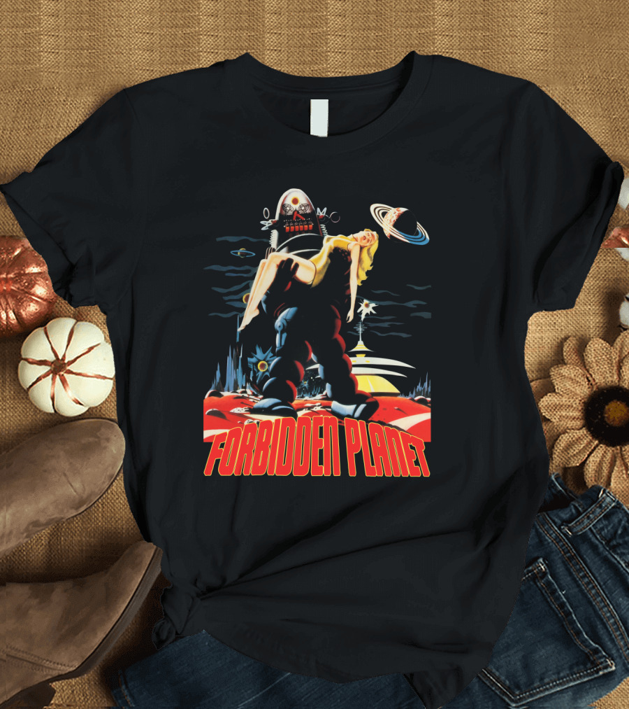 Forbidden Planet Retro Sci-Fi Art with Robot and Woman T-Shirt