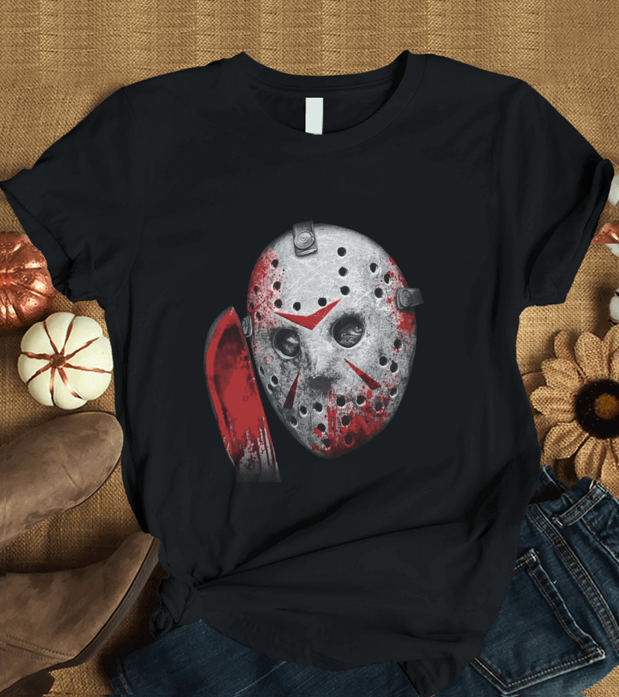 Friday The 13th Movie Jason Voorhees Mask with Bloody Machete Face T-Shirt