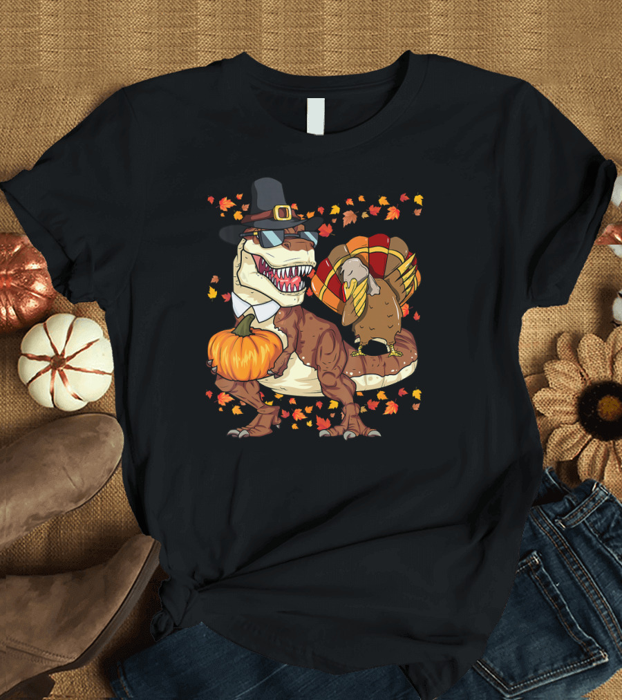 Thanksgiving Dinosaur Turkey with Pilgrim Hat and Pumpkin T-Shirt
