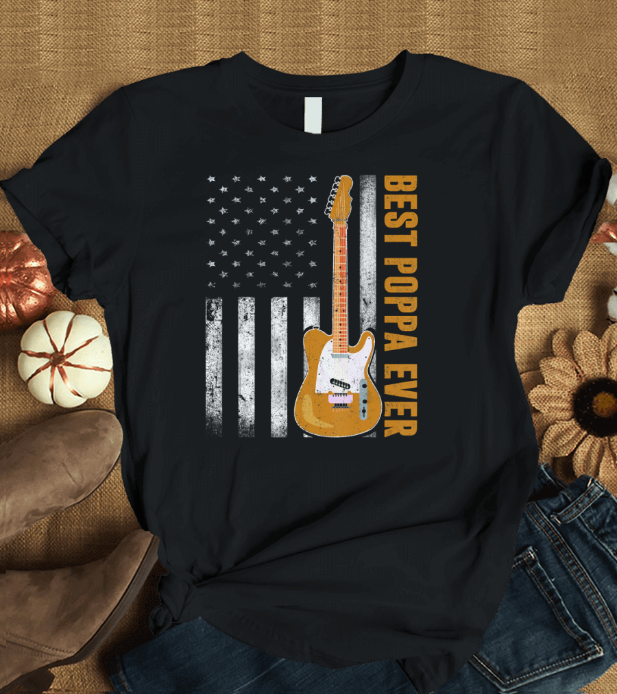 Best Poppa Ever USA Flag Guitar T-Shirt