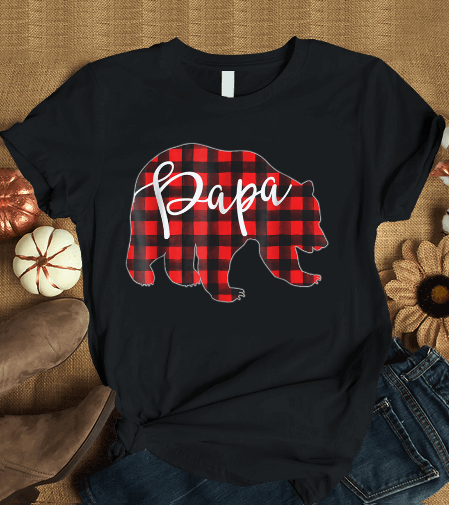 Mens Red Plaid Papa Bear Matching Pajamas Family Buffalo Check Pajama Set T-Shirt