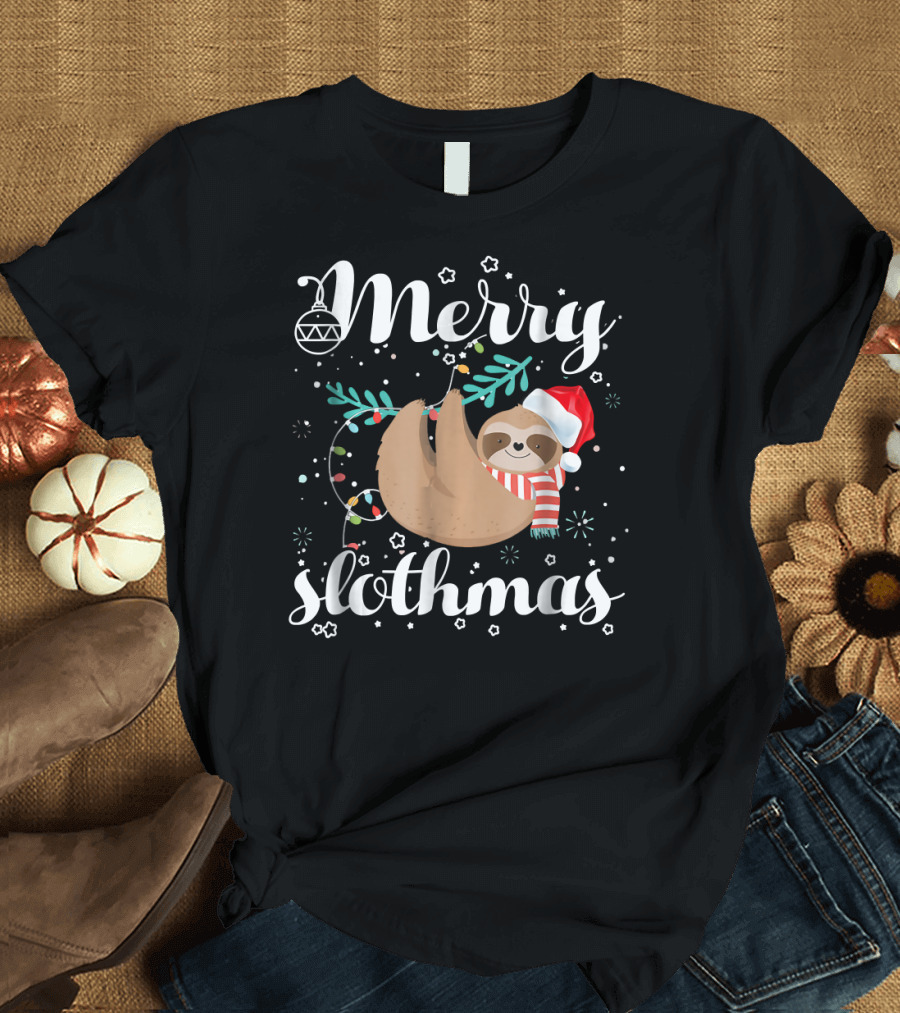 Merry Slothmas Christmas Pajama with Santa Hat and Holiday Lights T-Shirt