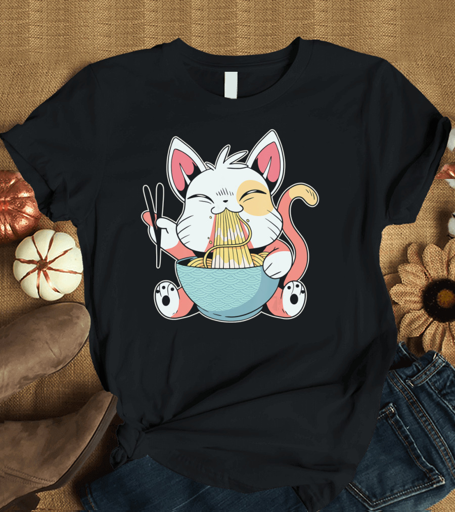 Kawaii Anime Japanese Ramen Cat Eating Noodles T-Shirt