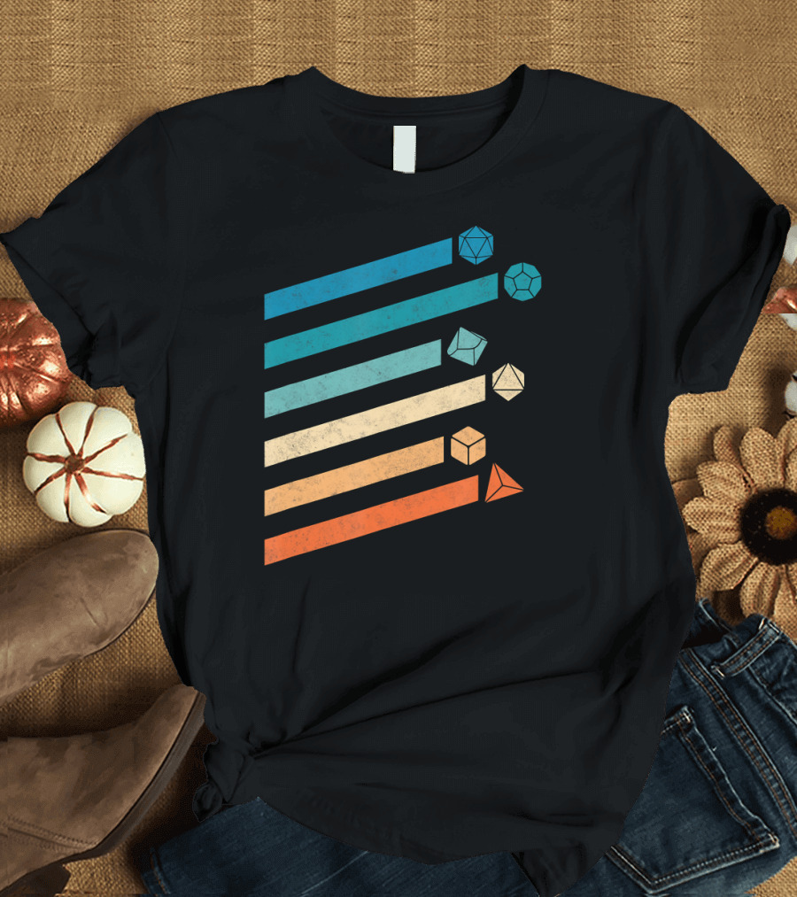 Tabletop RPG Dungeon Dice Vintage Gradient Polyhedral Dice Stripes T-Shirt