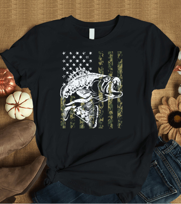 T-Shirt: Camouflage American Flag with Bass Fishing T-Shirt Camouflage American Flag with Bass Fishing T-Shirt