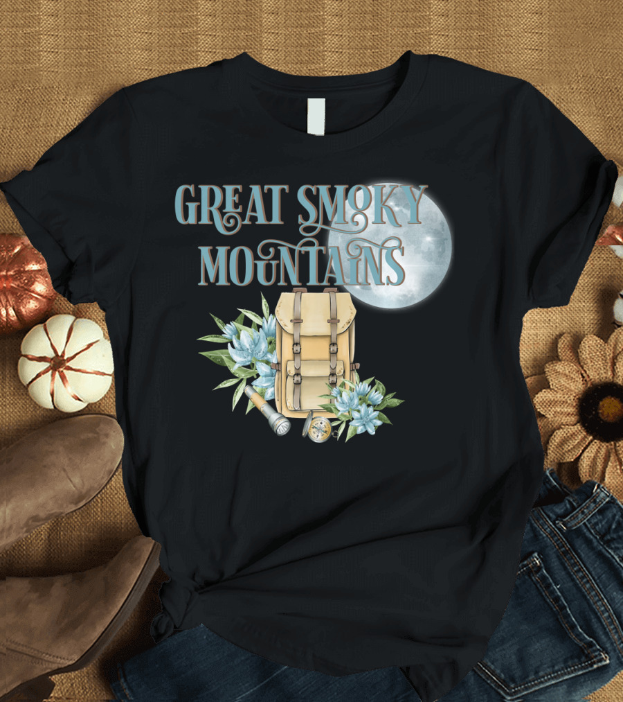 Great Smoky Mountains Backpack with Flowers and Full Moon T-Shirt