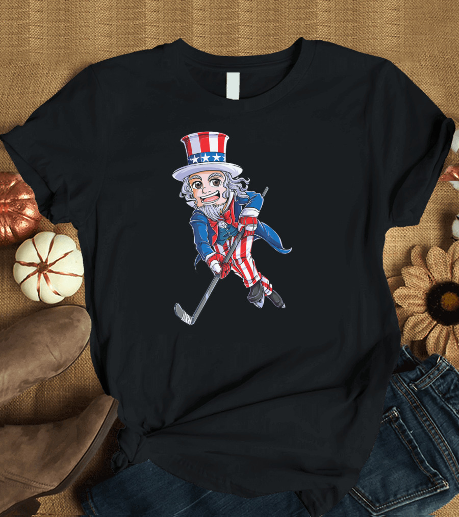 Uncle Sam Playing Hockey American Flag 4th of July T-Shirt