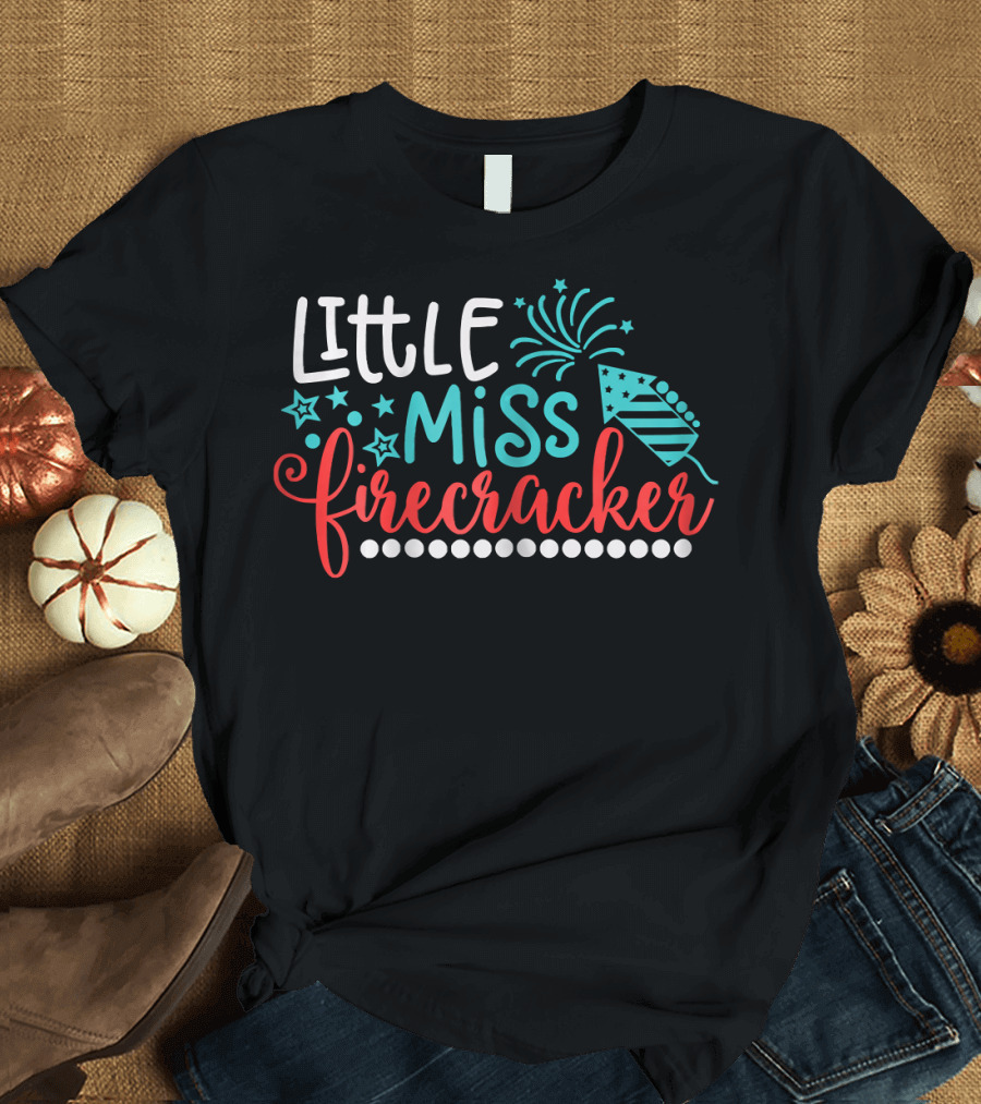 Little Miss Firecracker Kids Cute 4th of July Firework Stars T-Shirt