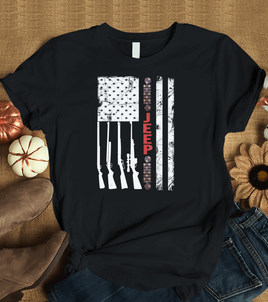 American Flag Jeep Hunting Rifles Patriotic USA T-Shirt