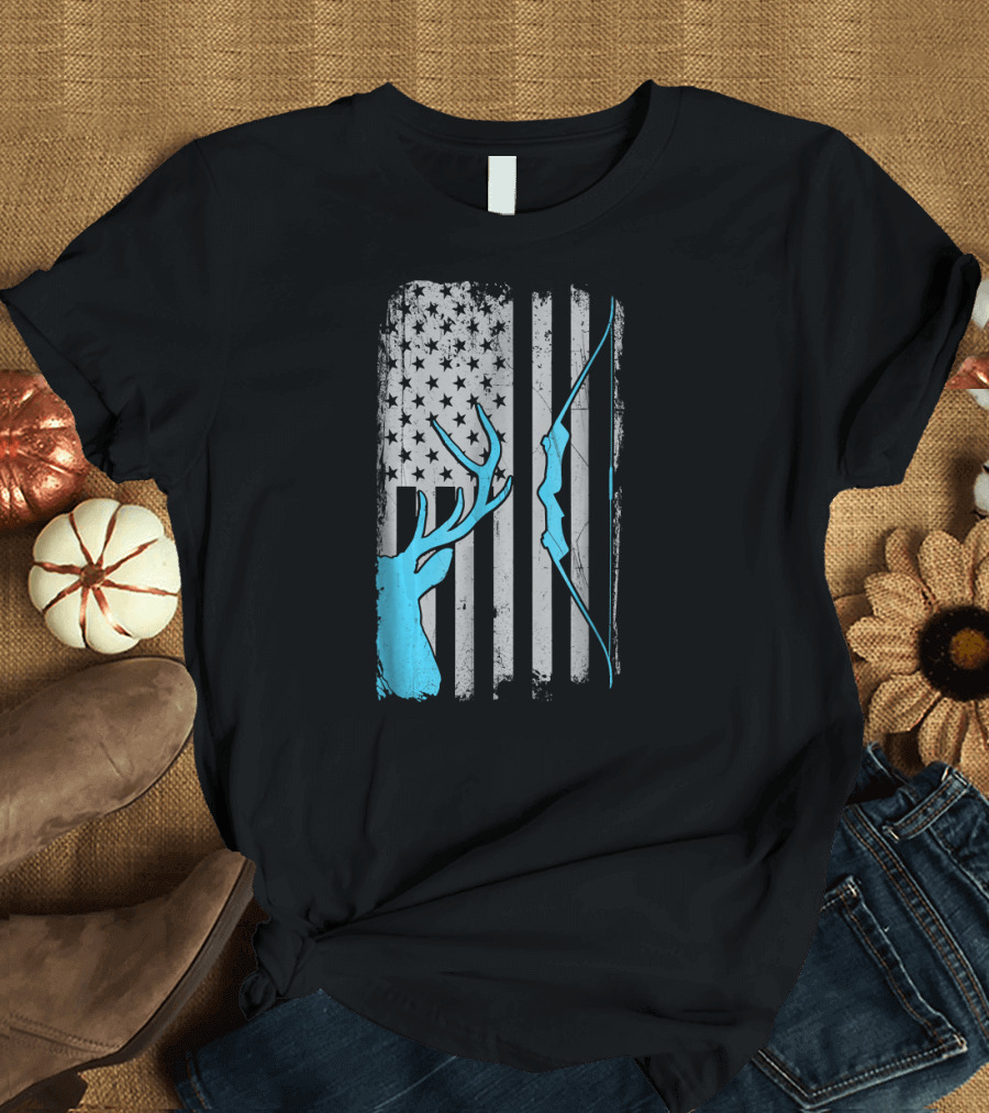 American Flag Antler Recurve Bow Hunter T-Shirt