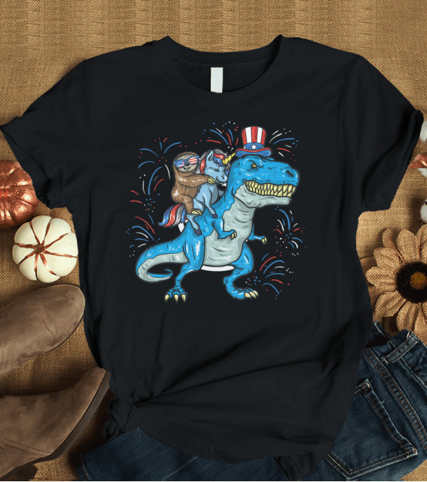 T-Shirt: Sloth Unicorn Rex Dino Patriotic Fireworks 4th Of July T-Shirt Sloth Unicorn Rex Dino Patriotic Fireworks 4th Of July T-Shirt