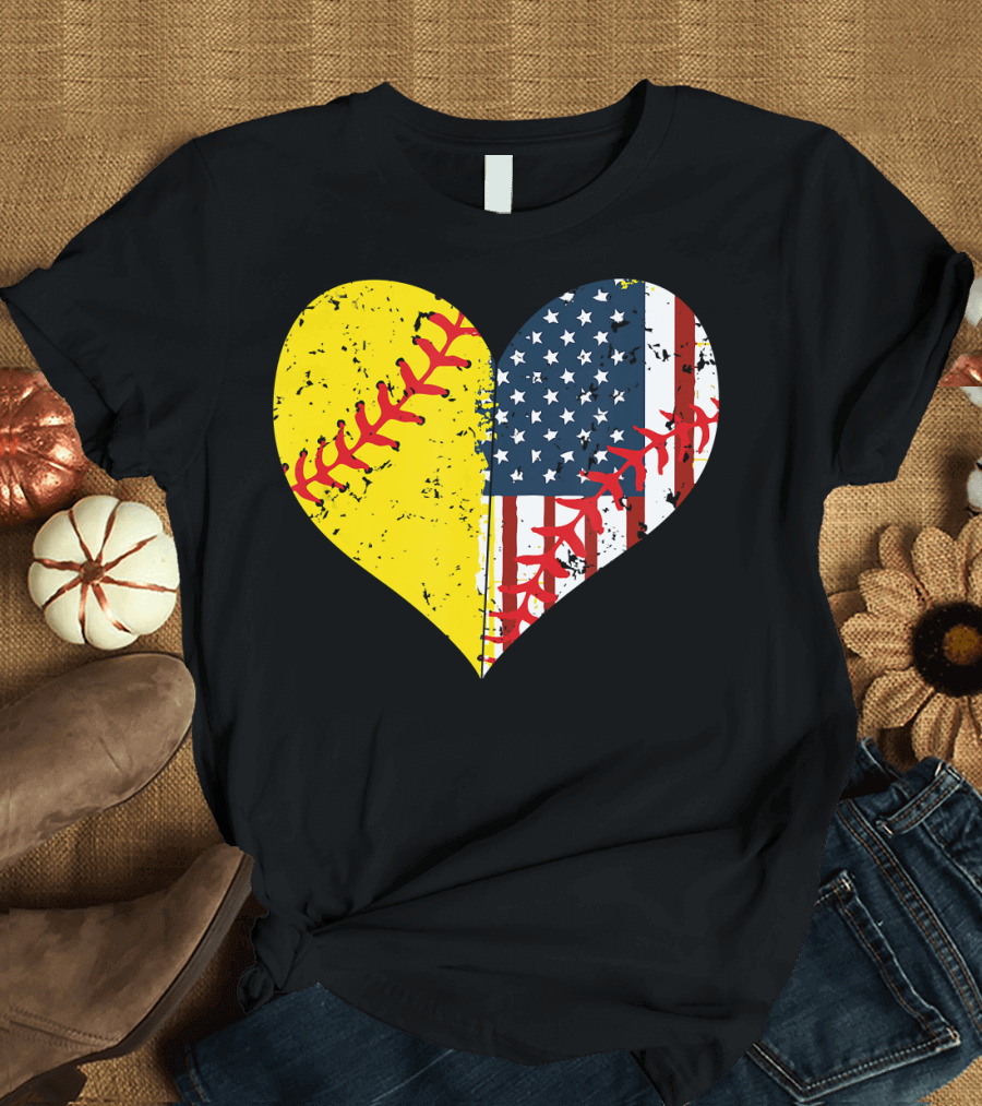 Softball Heart American Flag USA Patriotic 4th Of July T-Shirt