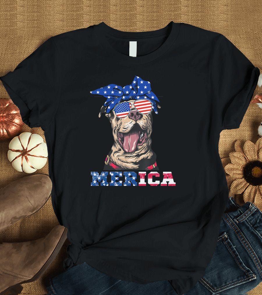Women American Flag Pitbull 4th of July Merica T-Shirt