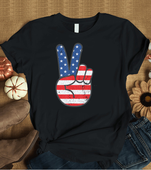 T-Shirt: American Flag Peace Sign Hand 4th Of July T-Shirt American Flag Peace Sign Hand 4th Of July T-Shirt