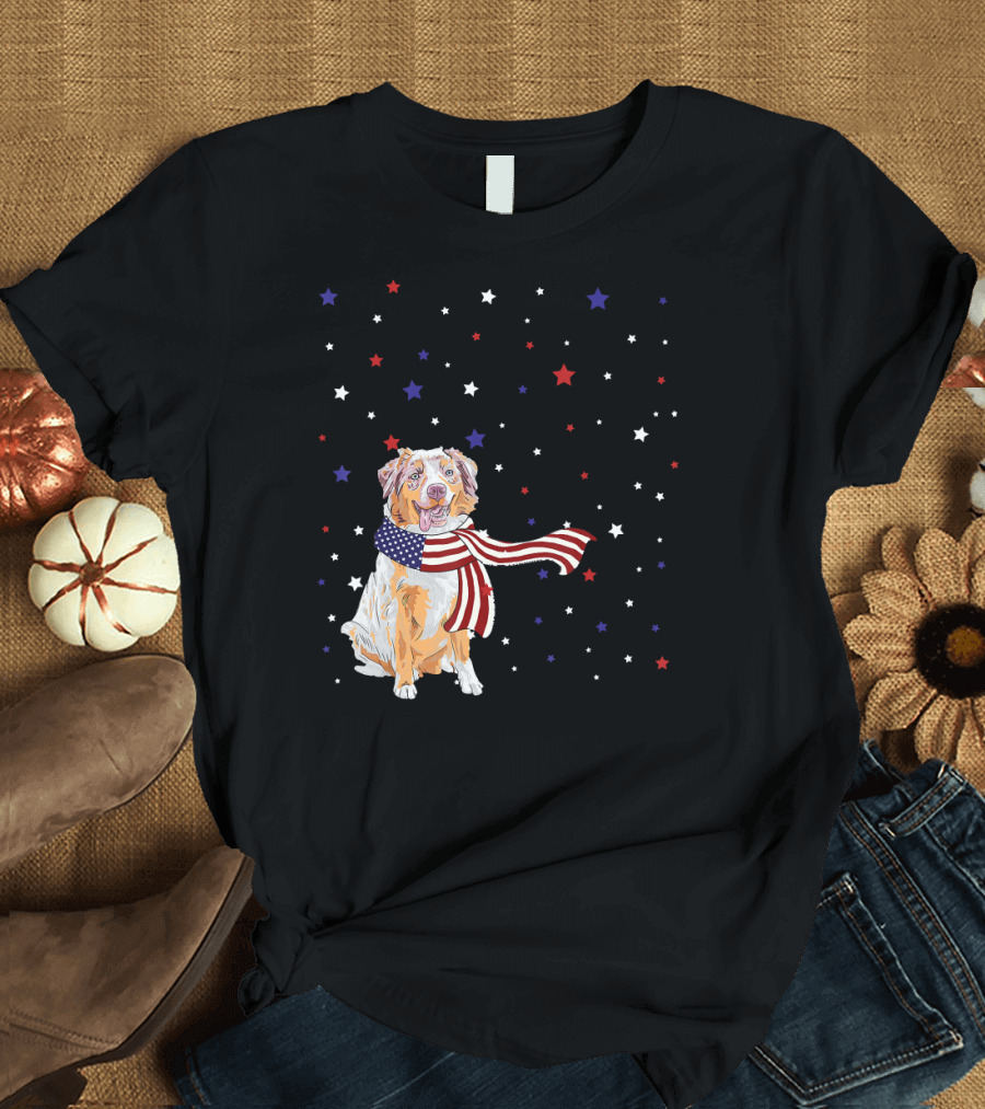 Australian Shepherd with American Flag Scarf and Red White Blue Stars T-Shirt