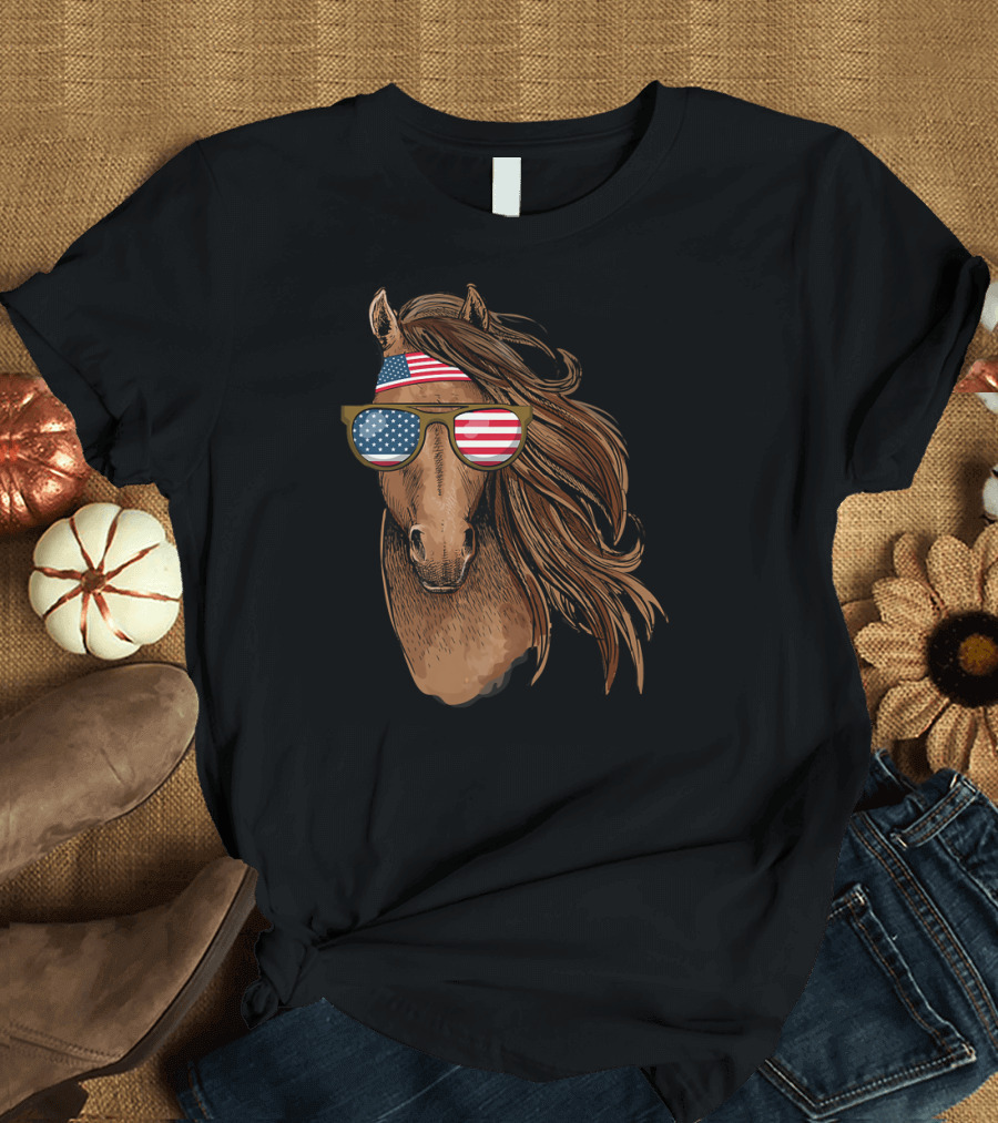 Cool Patriot 4th July Horse with American Flag Sunglasses T-Shirt